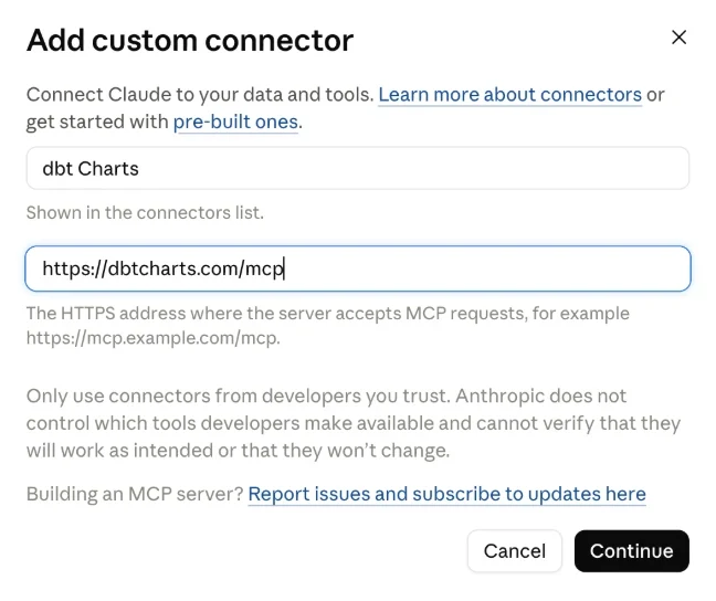 Claude's Add custom connector dialog, named dbt Charts, with https://dbtcharts.com/mcp as the server URL.